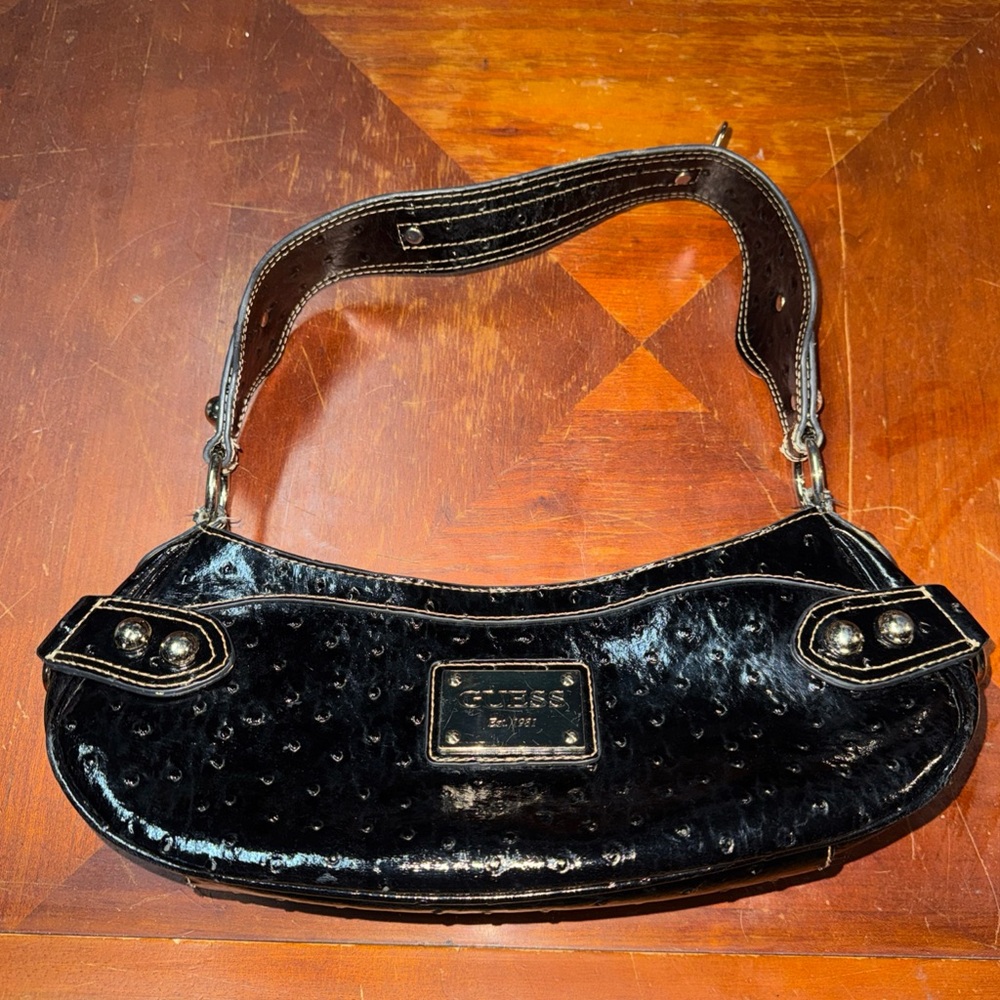 Vintage Guess Shoulder Bag Black Patent Leather Crocodile Ostrich W/ Studs Y2K